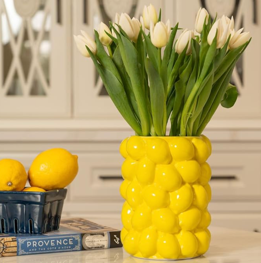 *Lemon Vase - 7 Inch Tall Yellow Ceramic Tabletop Vase with 3D Lemon Design