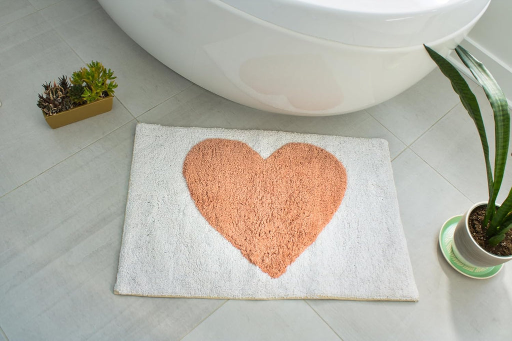 Heart Pink Bath Mat - Soft Cotton - Machine Washable - Non-Slip - 30" x 20"