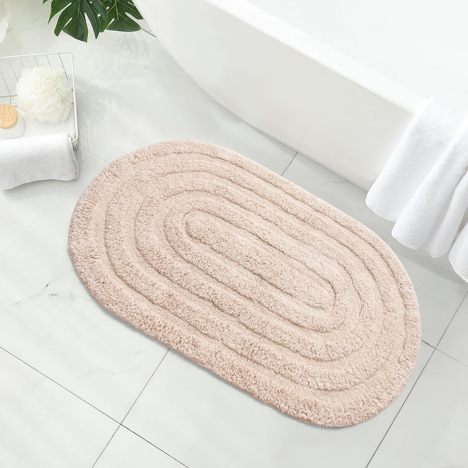 Cotton Beige Oval Bathroom Mat